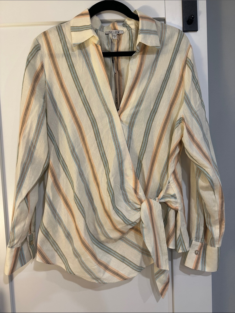 NIC+ZOE Cream Striped Tie-Waist Button-Down Shirt with Green and Tan Stripes